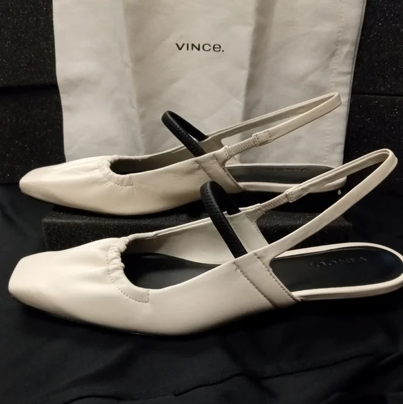 New Vince Women's Buttery Soft Leather Cream and Black Slingback Flats Size 7M - Picture 1 of 12